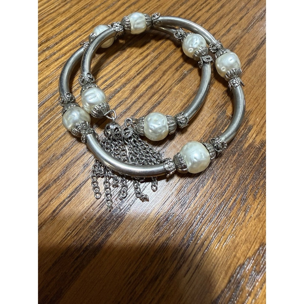 RARE Miriam Haskell Bracelet Vintage Memory Wire Baroque Beads Silver Tassel